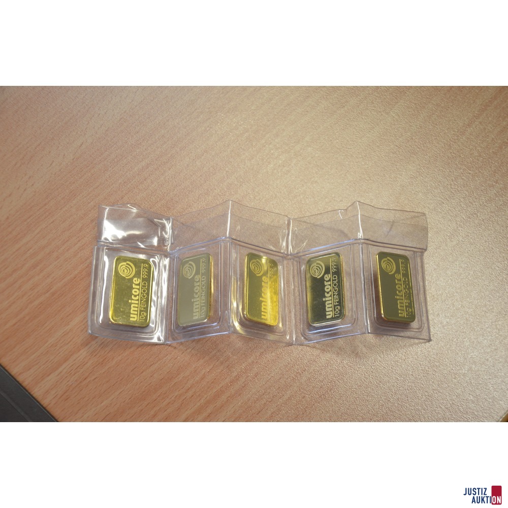 5 Goldbarren zu je 10 g, Feingold 999,9