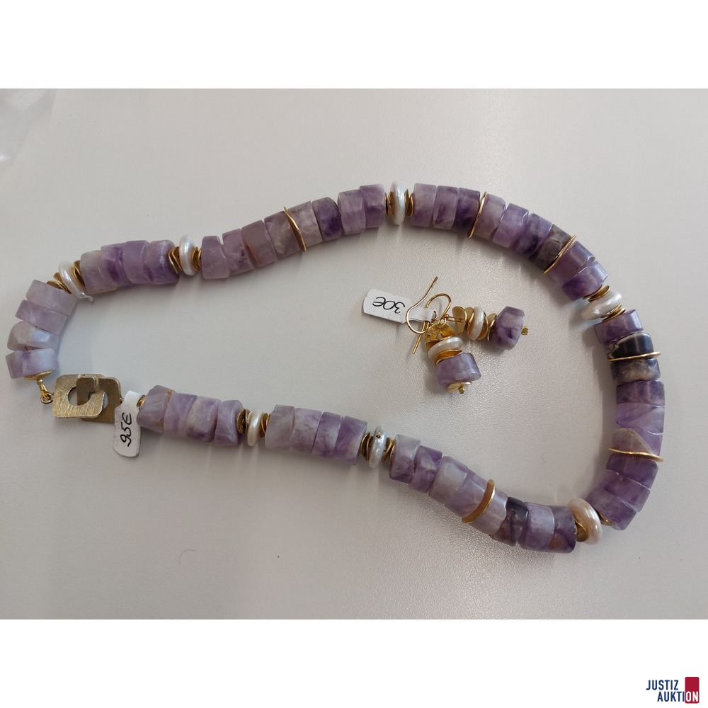 Halskette und Ohhringe in Amethyst mit Coinperle