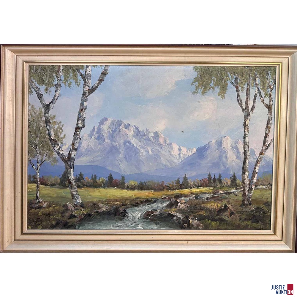 Bild Landschaft mit Birken&comma; Bach und Berg von Unbekannt