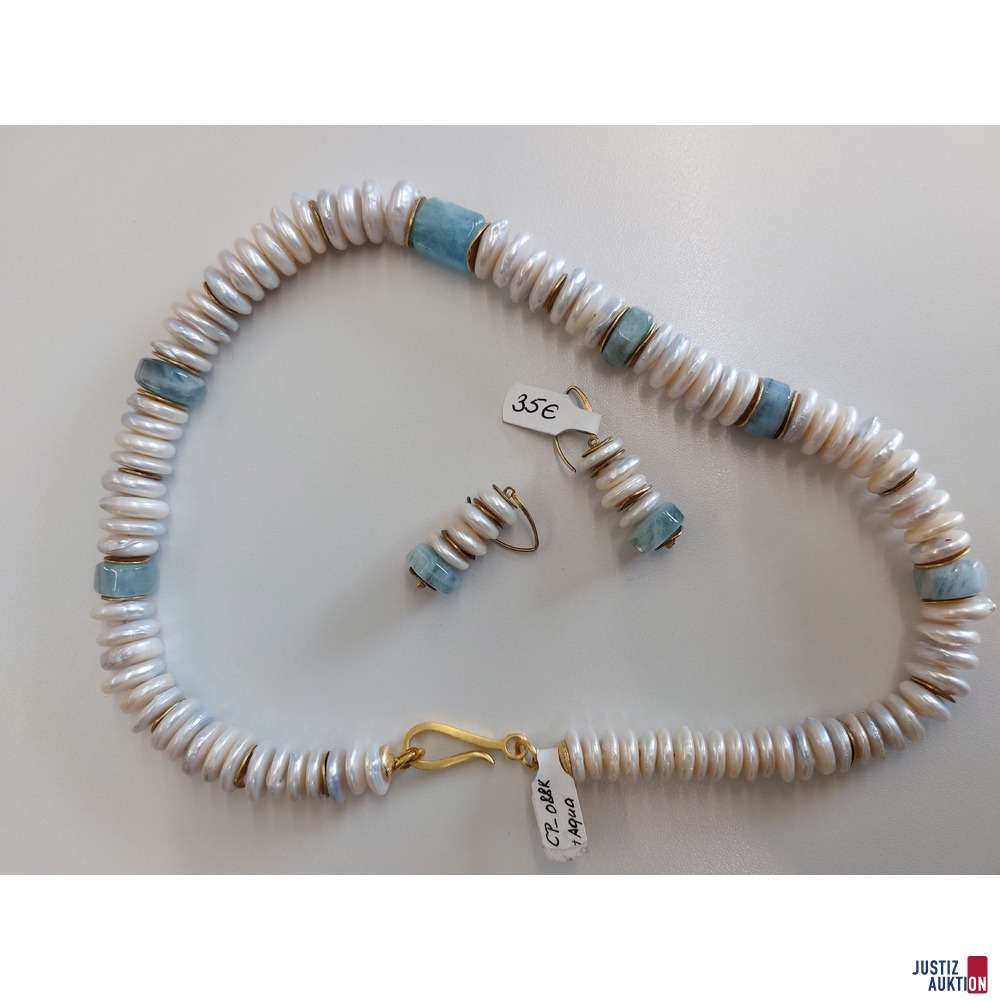 Halskette mit Coinperle und Aquamarin 6-eckig