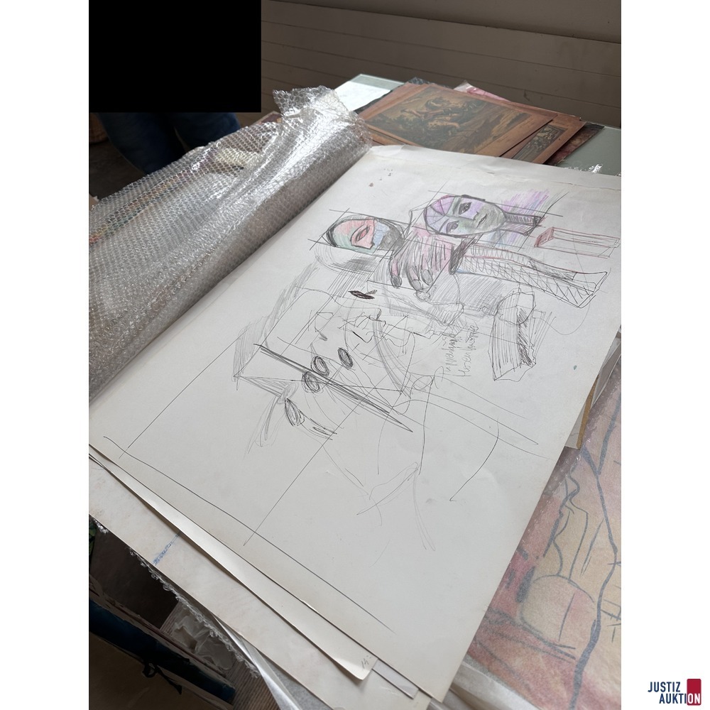 1 Mappe mit 38 Zeichnungen und Gouachen 64x50 cm