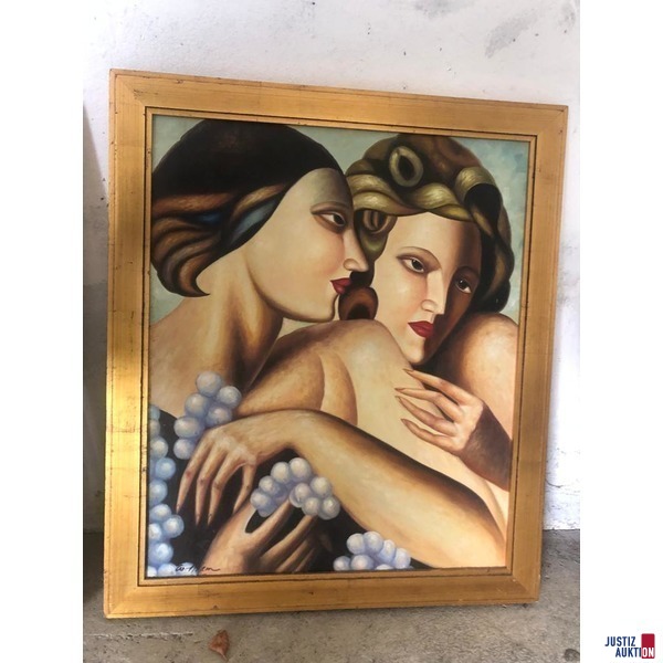Bild - Damen- Porträt im Stil „Tamara de Lempicka“, 69 x 59 cm Öl-Druck, undeutlich signiert