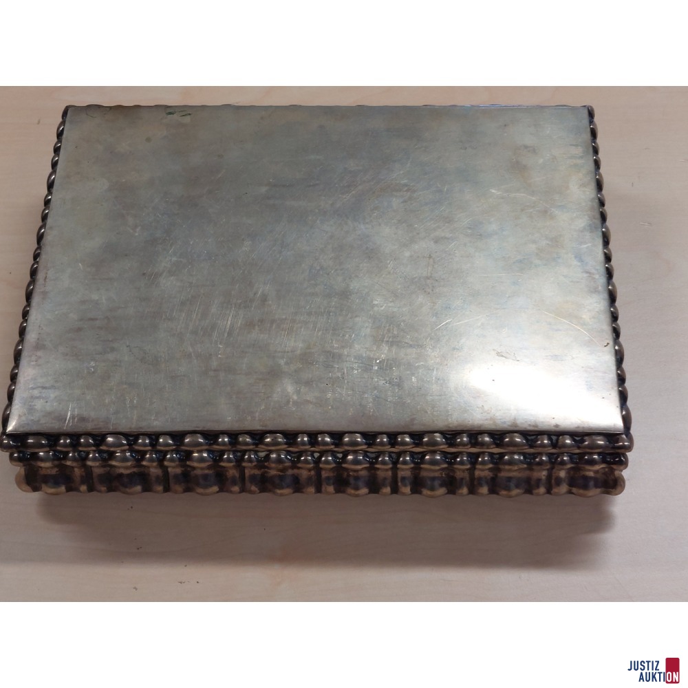 Antike Silberschatulle mit Holzeinlage und Widmungsplakette