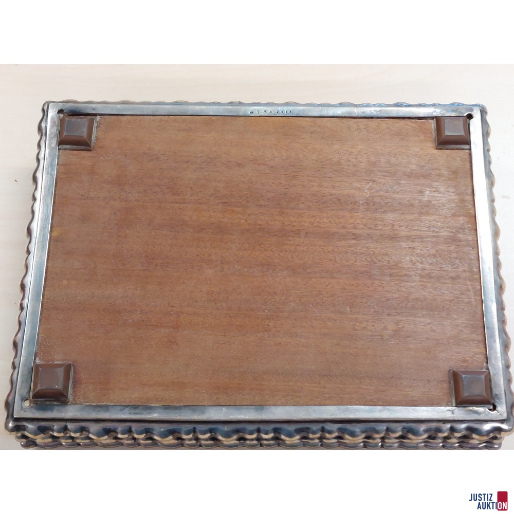 Antike Silberschatulle mit Holzeinlage und Widmungsplakette