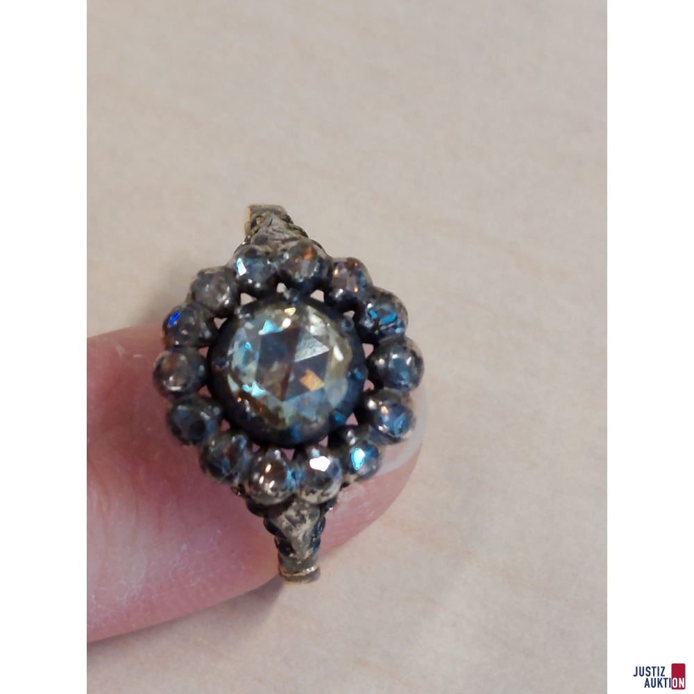Damenring Antik 585 &permil; Gelbgold punziert mit Silberdublierung&comma; Diamantrose und Camousierung 4g Gr&ouml;&szlig;e 58