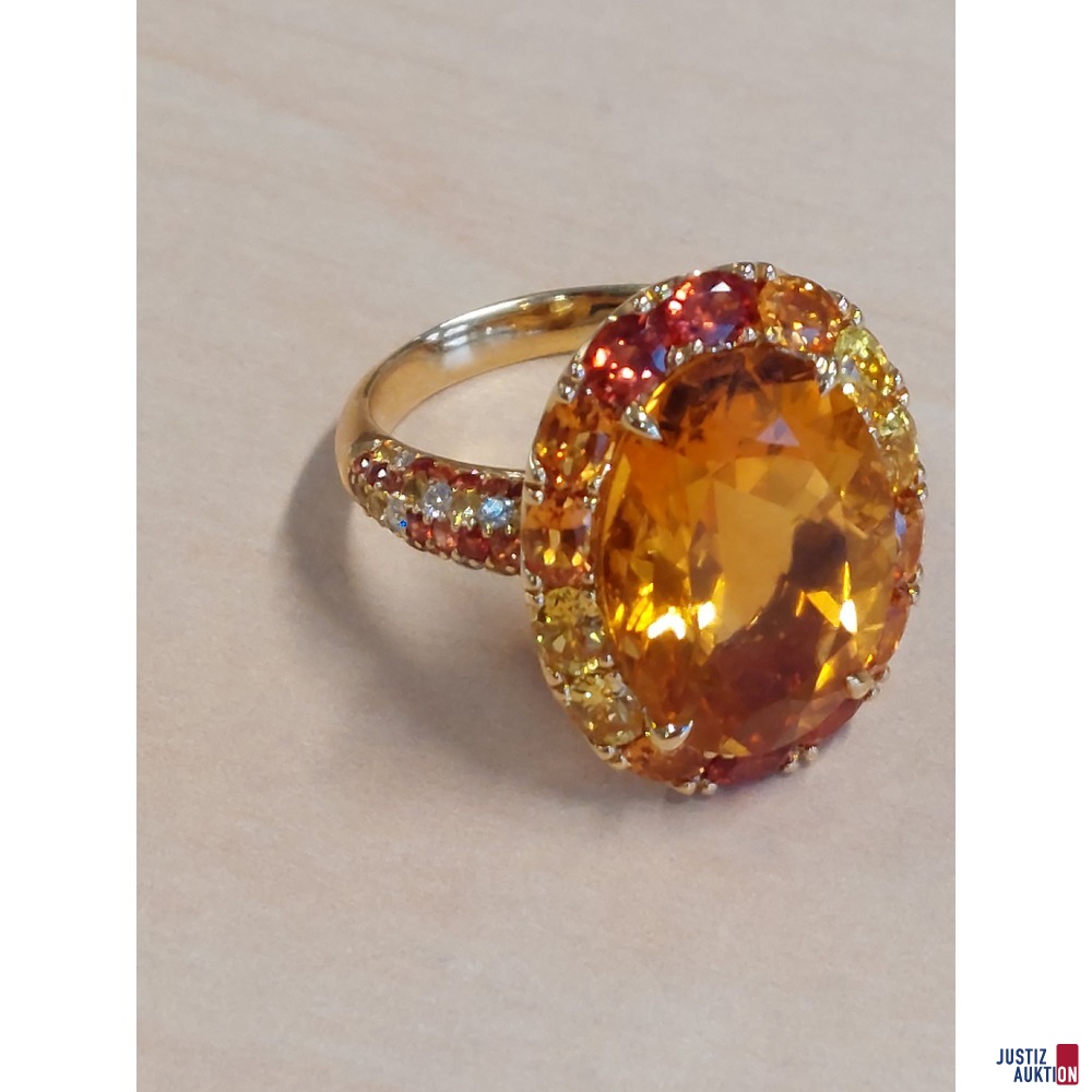 Damenring 750 &permil; Gelbgold punziert mit orange&sol;gelben Schmuckstein Topas mit Camousierung und Ringschienenbesatz Gr&ouml;&szlig;e 57