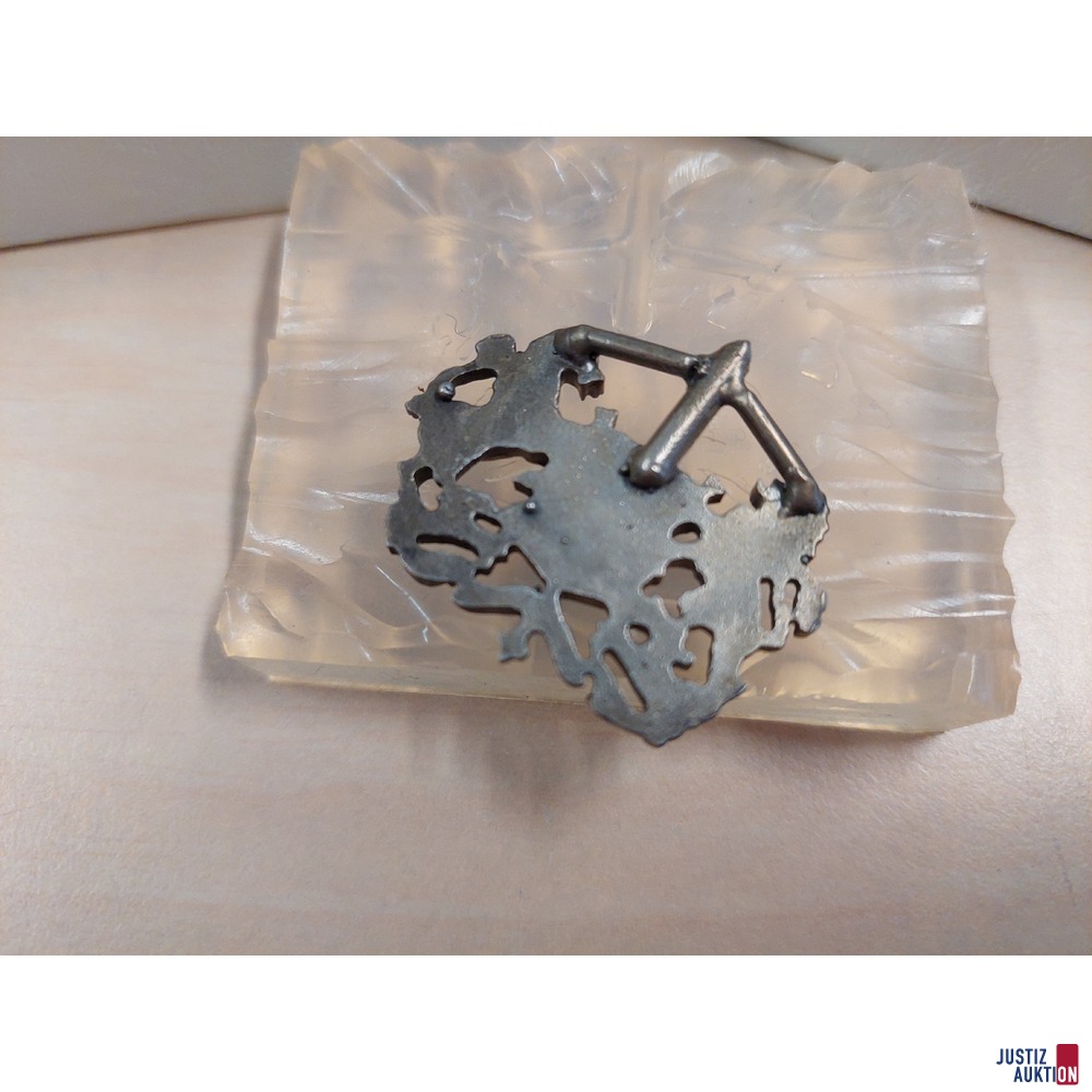 1 silberfarbene Brosche&sol;Wappen mit L&ouml;we&comma; Pferd&comma; Buchstabe F &lpar;Initialie&rpar;  in einer Schatulle