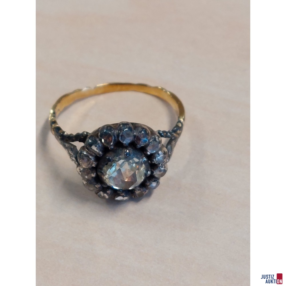 Damenring Antik 585 &permil; Gelbgold punziert mit Silberdublierung&comma; Diamantrose und Camousierung 4g Gr&ouml;&szlig;e 58