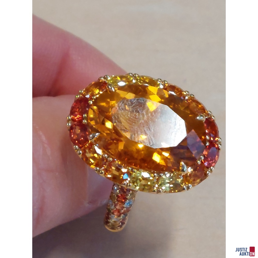 Damenring 750 &permil; Gelbgold punziert mit orange&sol;gelben Schmuckstein Topas mit Camousierung und Ringschienenbesatz Gr&ouml;&szlig;e 57