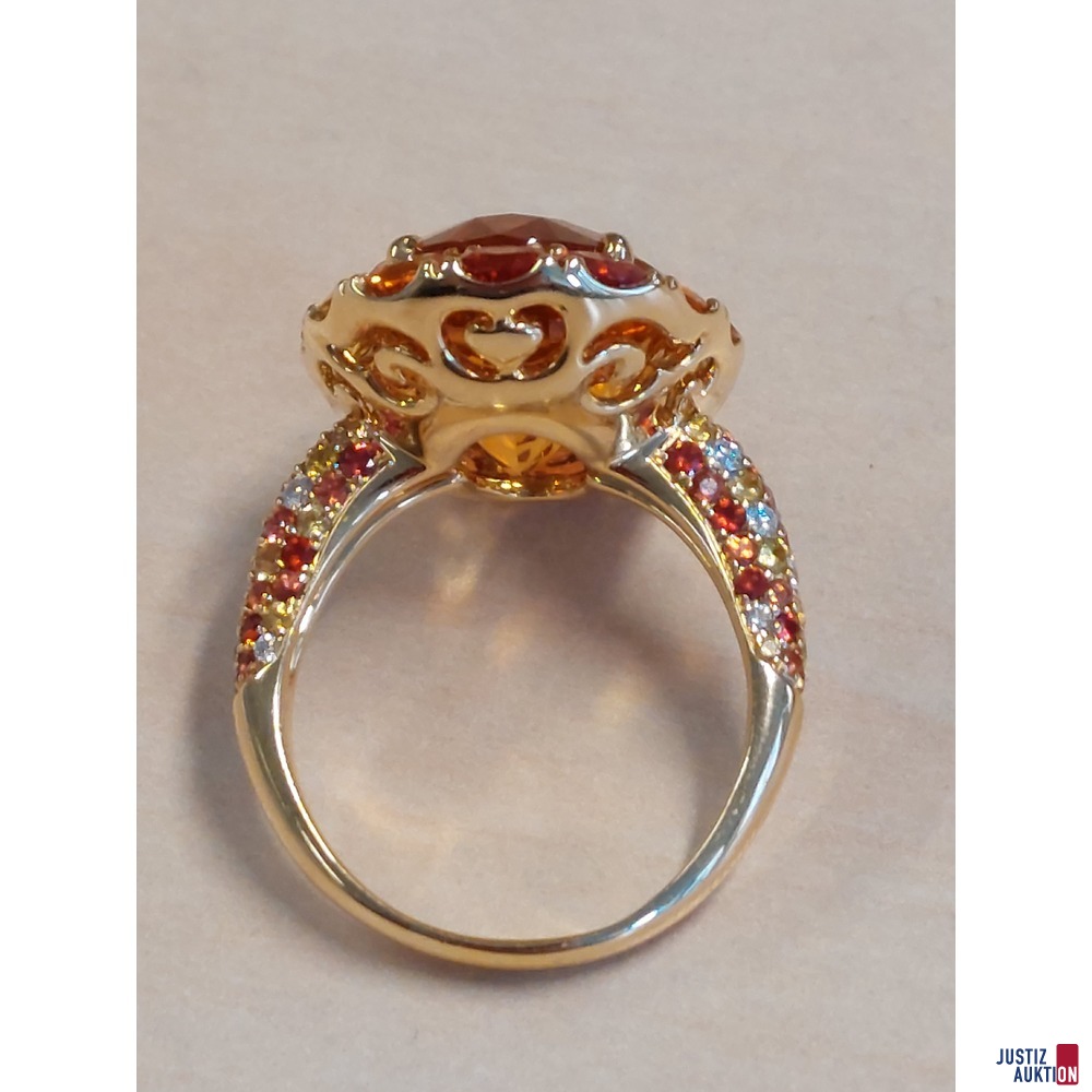 Damenring 750 &permil; Gelbgold punziert mit orange&sol;gelben Schmuckstein Topas mit Camousierung und Ringschienenbesatz Gr&ouml;&szlig;e 57