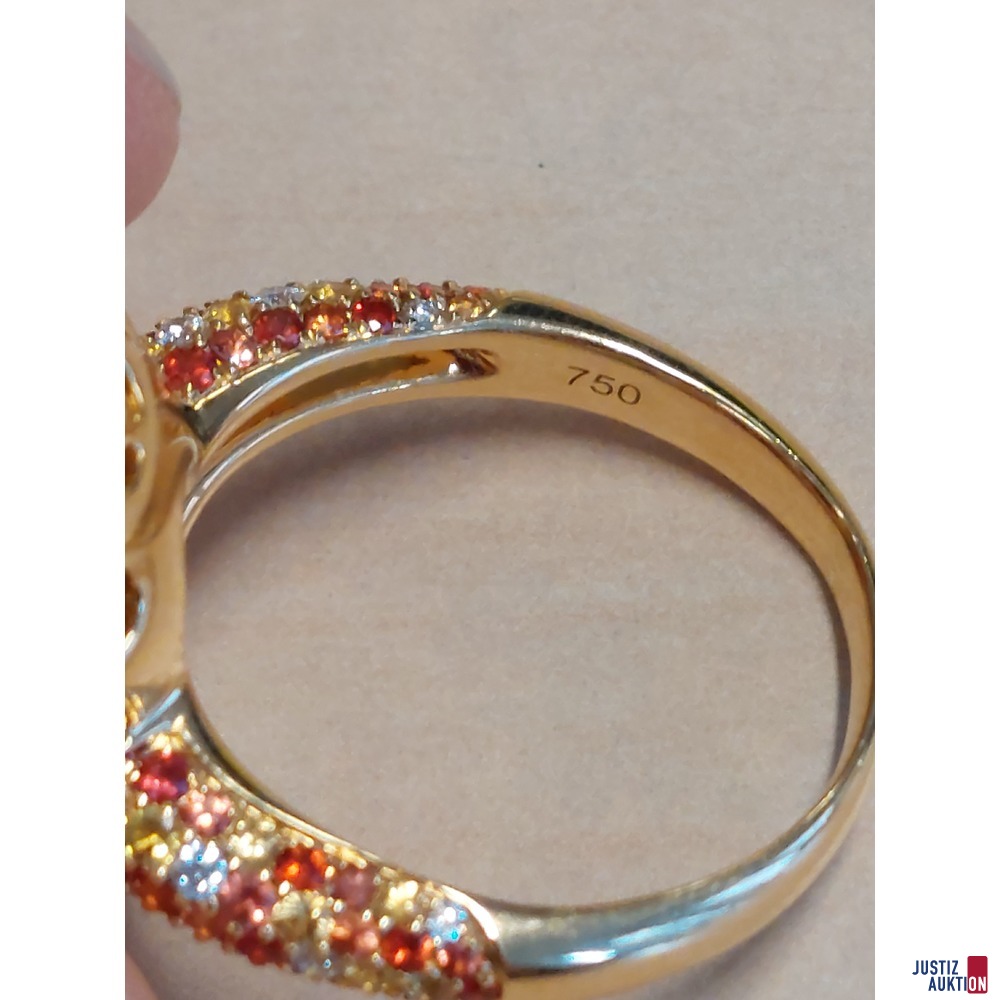 Damenring 750 &permil; Gelbgold punziert mit orange&sol;gelben Schmuckstein Topas mit Camousierung und Ringschienenbesatz Gr&ouml;&szlig;e 57