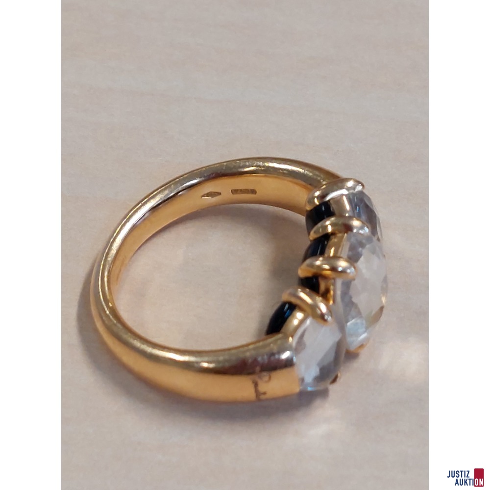 Damenring&comma; Marke Bomellato&comma; 18 Karat gelbgold&comma; 750&permil; punziert&comma; Gr&period; 53&comma; mit wei&szlig;en und schwarzen Schmucksteinen