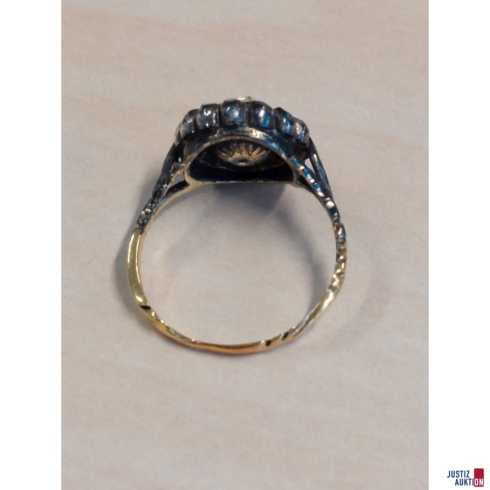 Damenring Antik 585 &permil; Gelbgold punziert mit Silberdublierung&comma; Diamantrose und Camousierung 4g Gr&ouml;&szlig;e 58