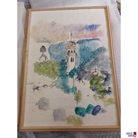 Bild: Landschaft mit Kirche - Aquarell auf Papier gerahmt