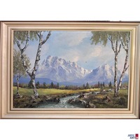 Bild Landschaft mit Birken&comma; Bach und Berg von Unbekannt