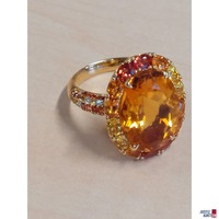 Damenring 750 &permil; Gelbgold punziert mit orange&sol;gelben Schmuckstein Topas mit Camousierung und Ringschienenbesatz Gr&ouml;&szlig;e 57